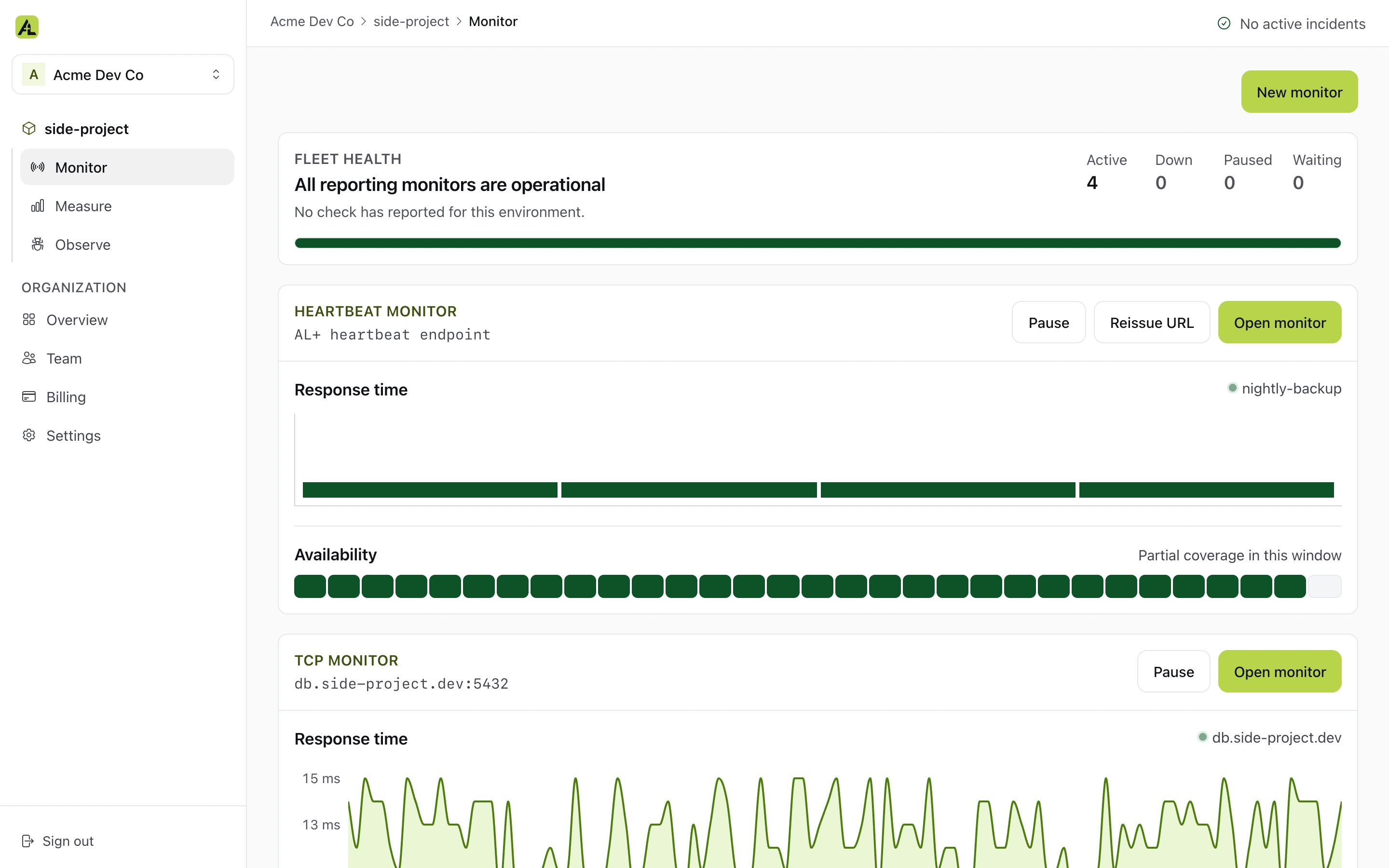 The PostDeploy Monitor console: fleet health with every monitor operational, a heartbeat monitor's daily pings and availability, and a TCP monitor's response-time chart.